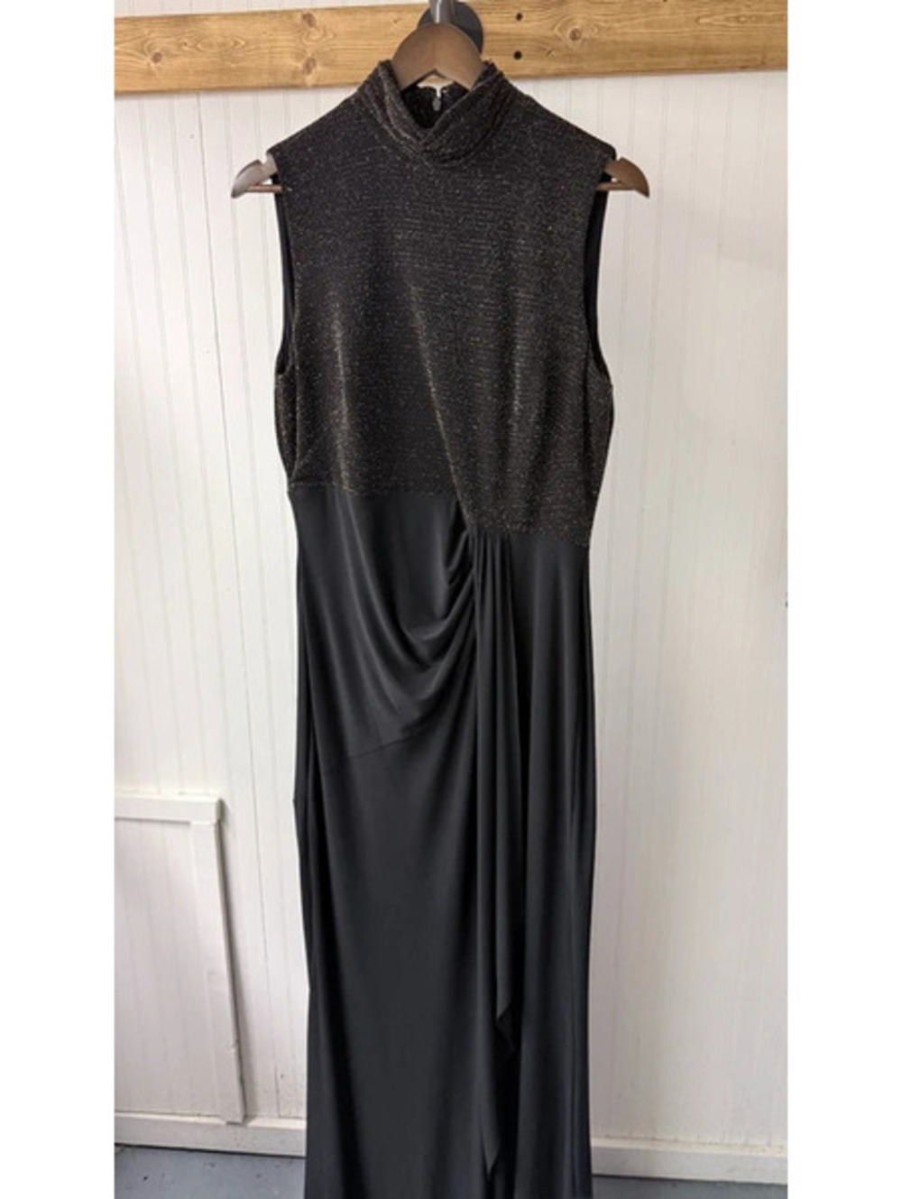 Lauren Ralph Lauren y2k metallic gold black mock neck drape gown size 12